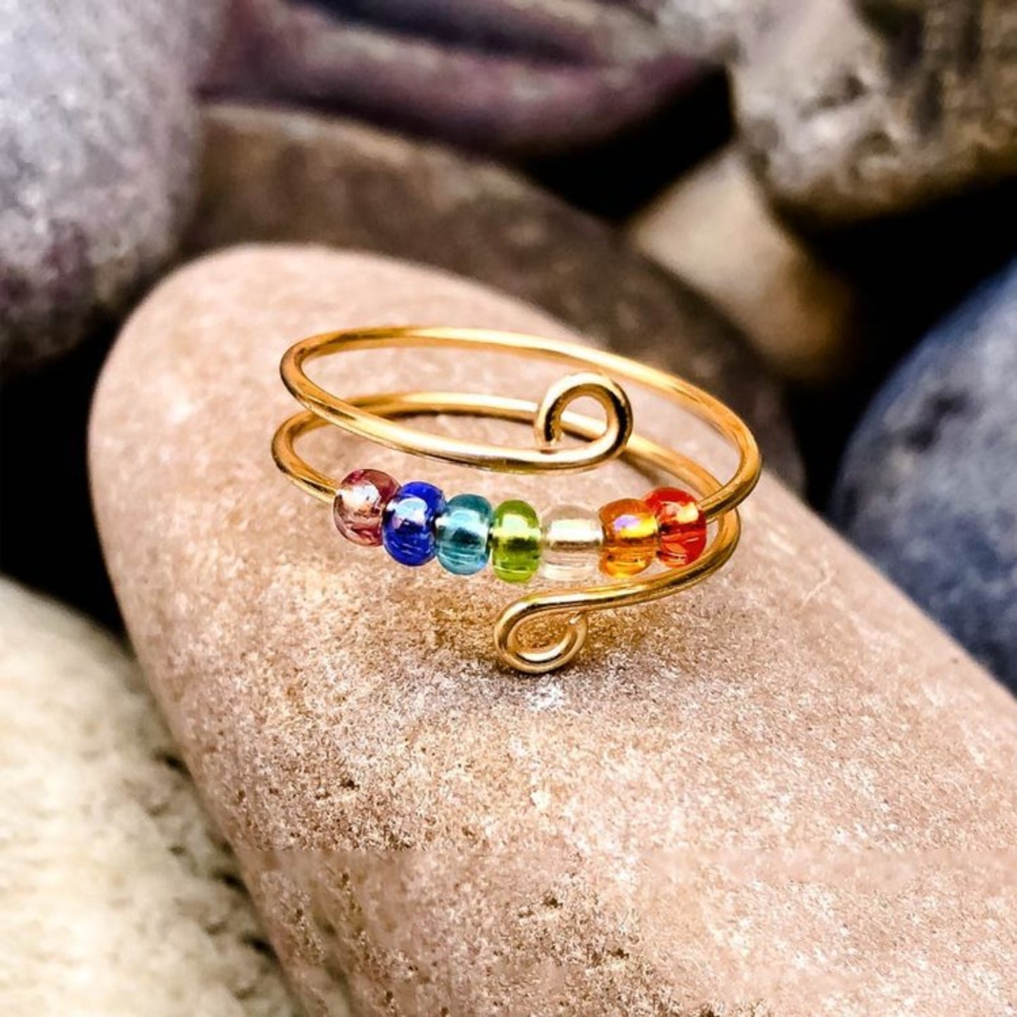 Rainbow Bead Sterling Silver Wrap Ring