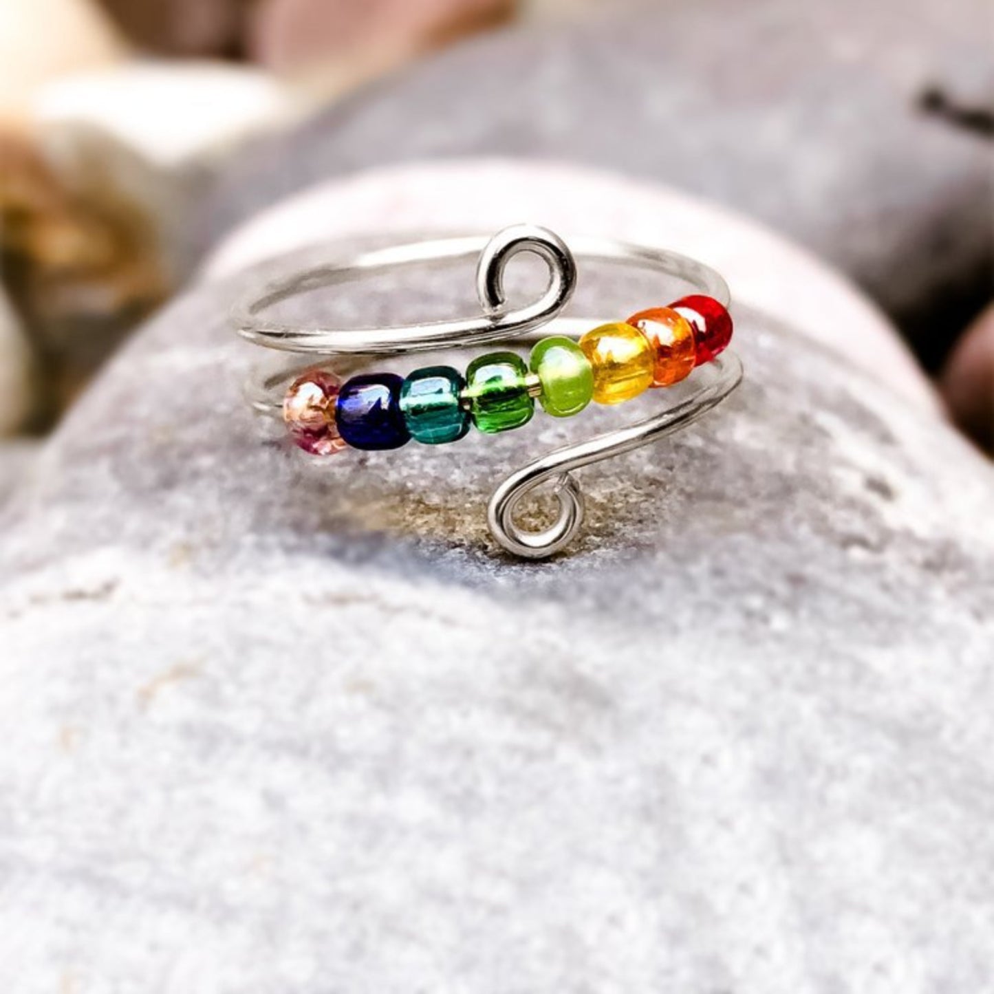 Rainbow Bead Sterling Silver Wrap Ring
