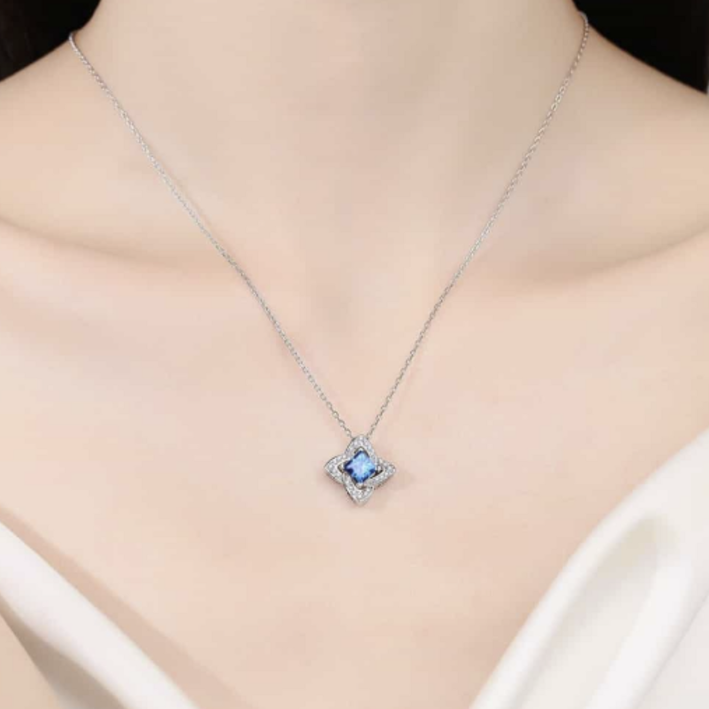 Blue Moissanite 1 CT Celtic Floral Pendant Necklace wtih Zircon Accents