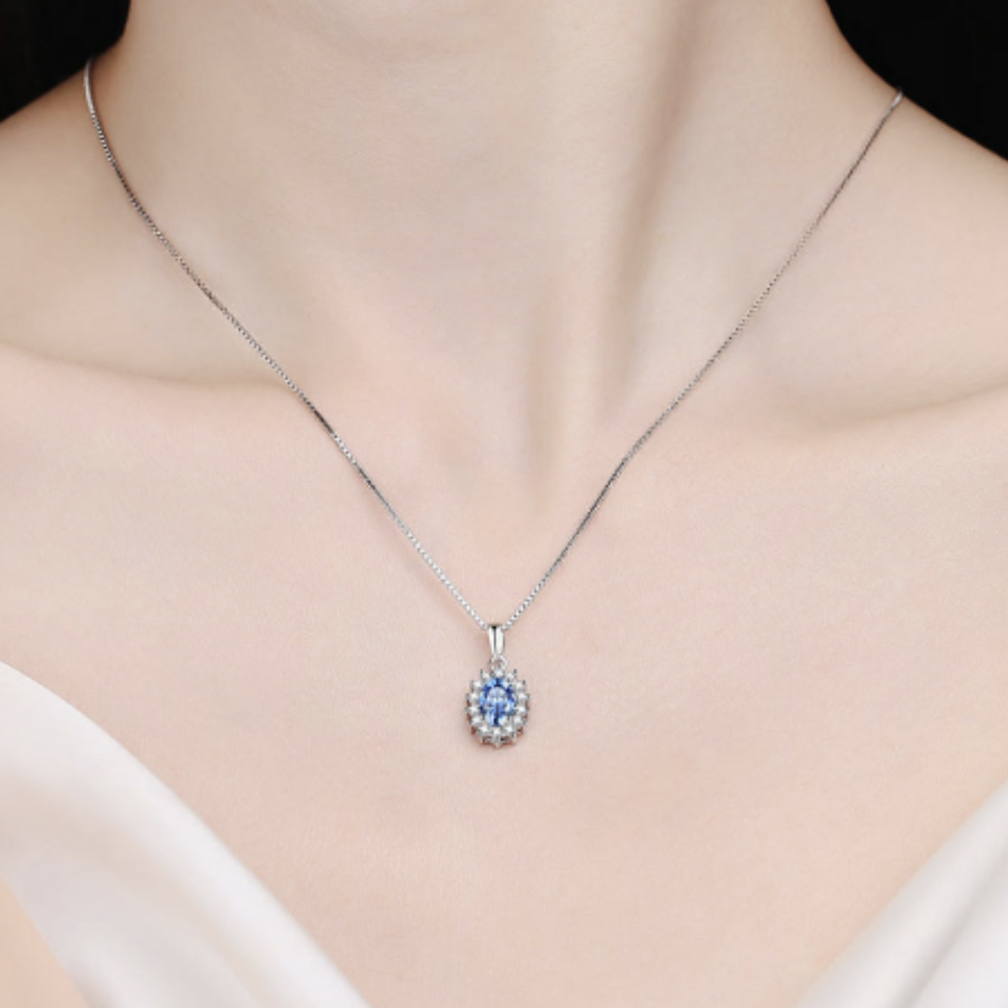 Azure Sparkle Blue Oval 1 CT Moissanite Necklace with Zircon Accents