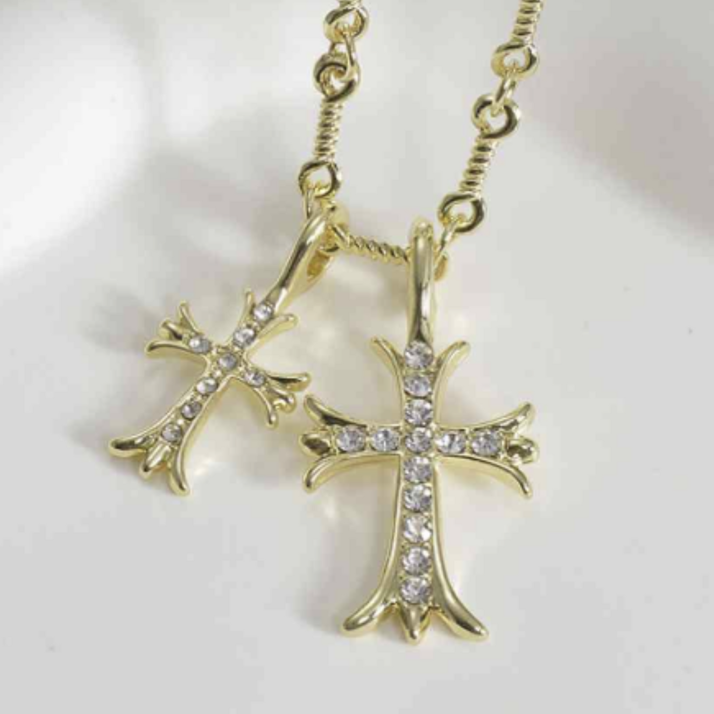 Double Cross Necklace with Unique Twisted Link Chain