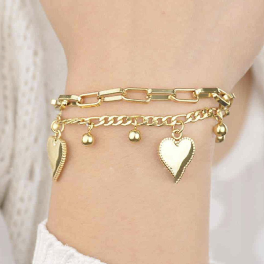 Double Heart Double Chain Heart Bracelet- Gold/Silver