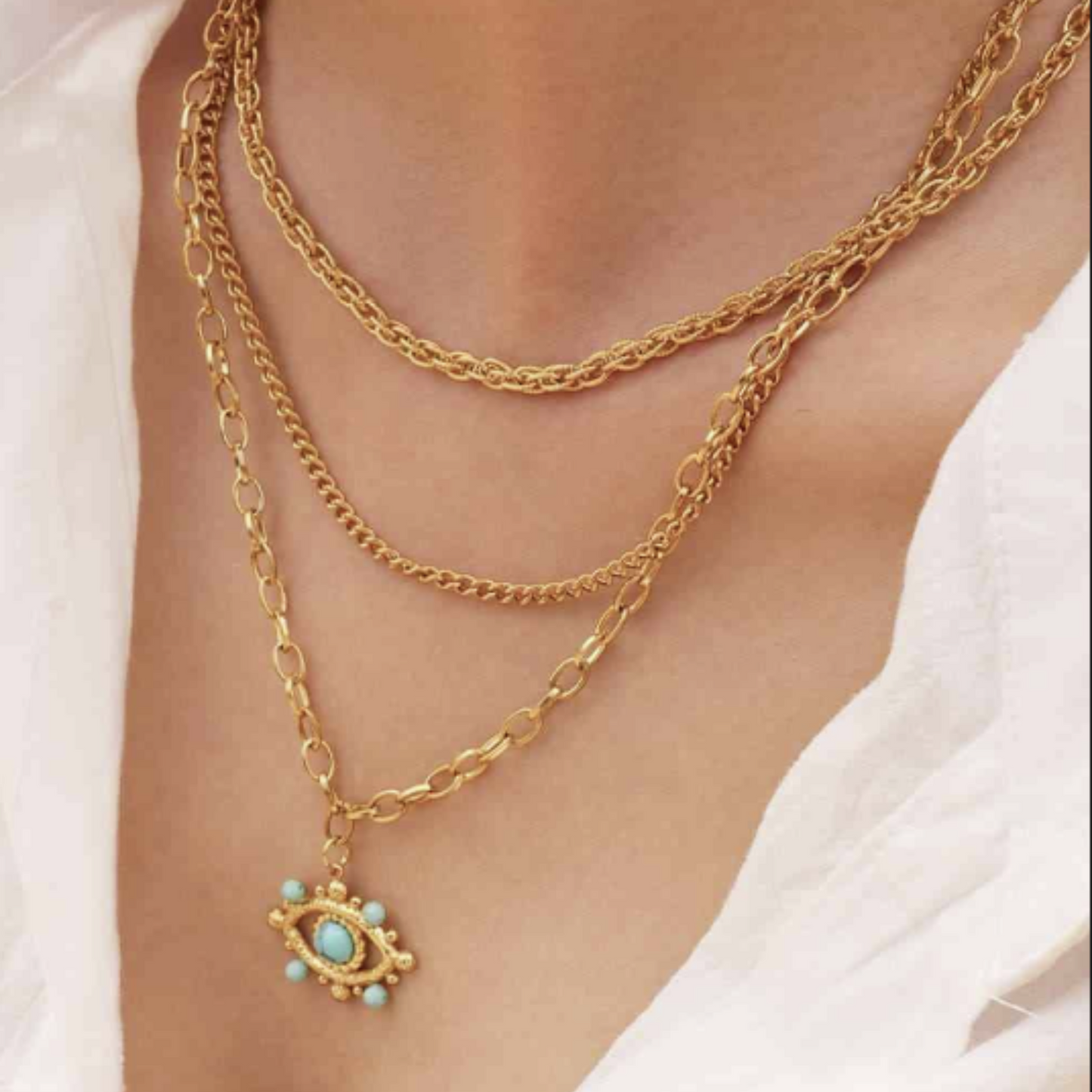 Turquoise Evil Eye Triple Multi-Strand Layered Pendant Necklace