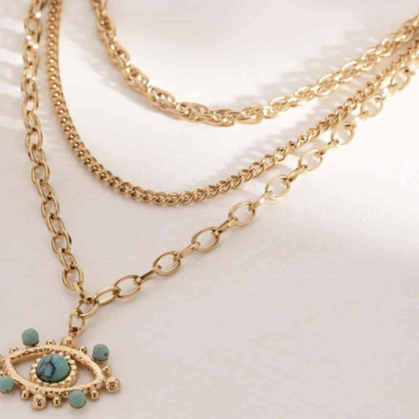 Turquoise Evil Eye Triple Multi-Strand Layered Pendant Necklace