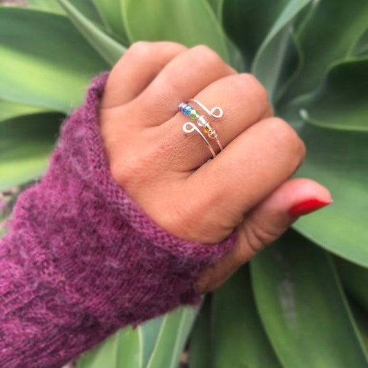 Rainbow Bead Sterling Silver Wrap Ring