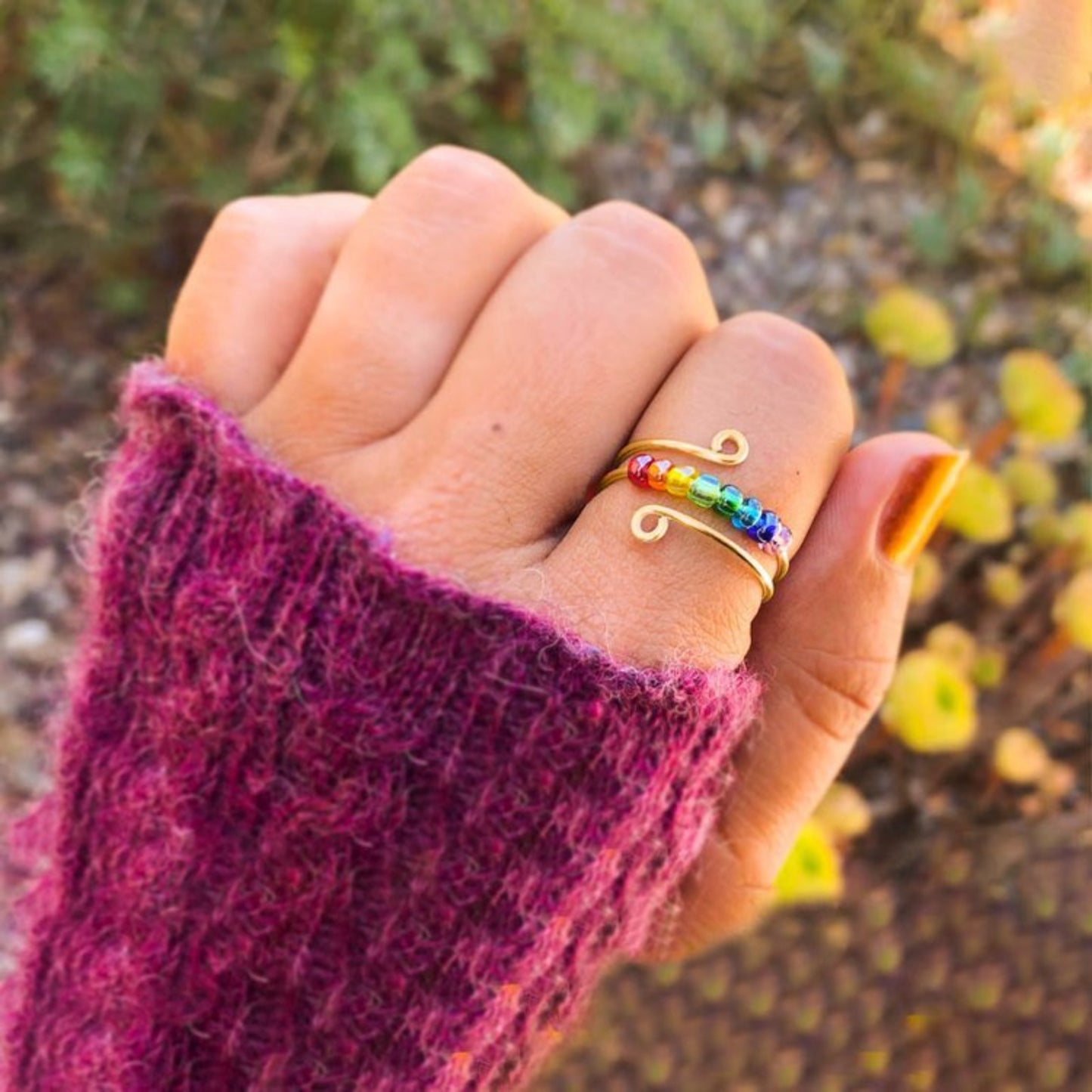 Rainbow Bead Sterling Silver Wrap Ring