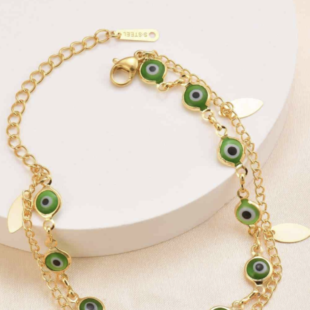 Double Chain Green Evil Eye Bracelet