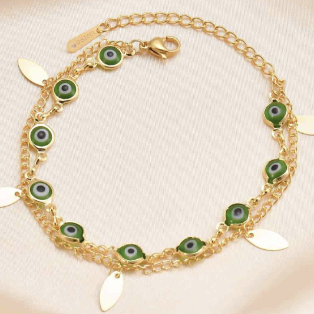 Double Chain Green Evil Eye Bracelet