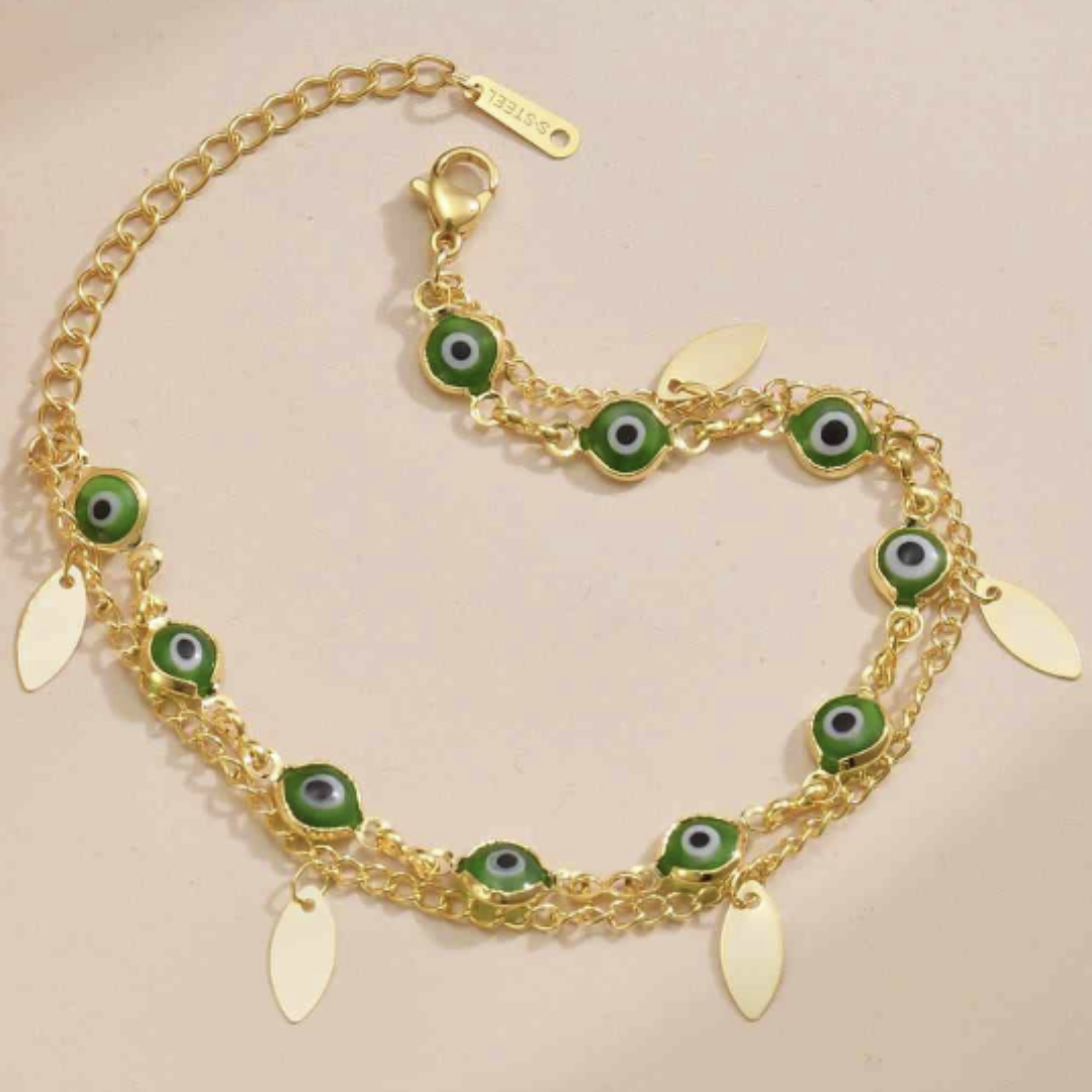 Double Chain Green Evil Eye Bracelet