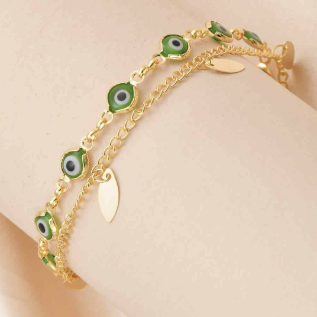 Double Chain Green Evil Eye Bracelet