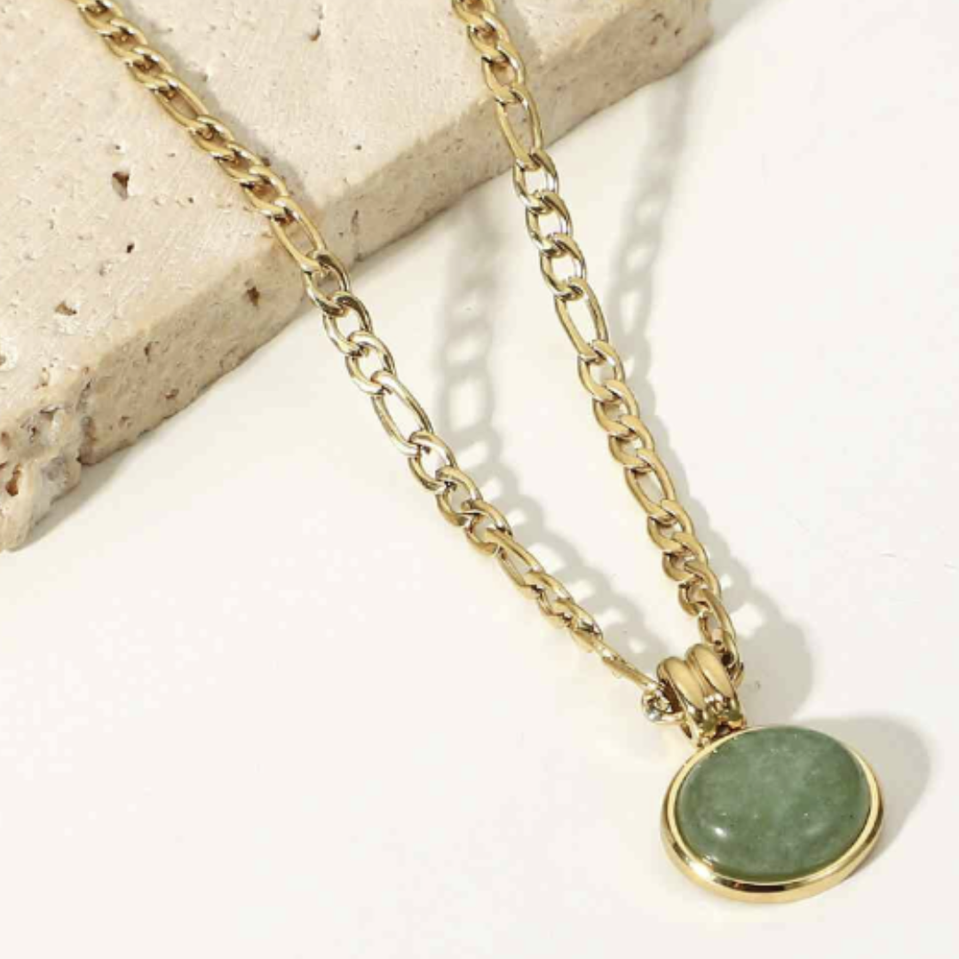 Inlaid Jade Round  Stone Pendant Necklace