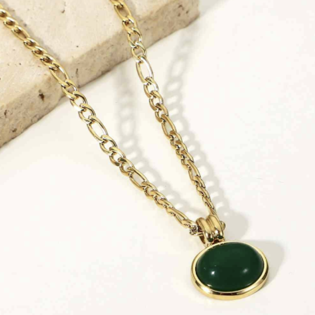 Inlaid Jade Round  Stone Pendant Necklace