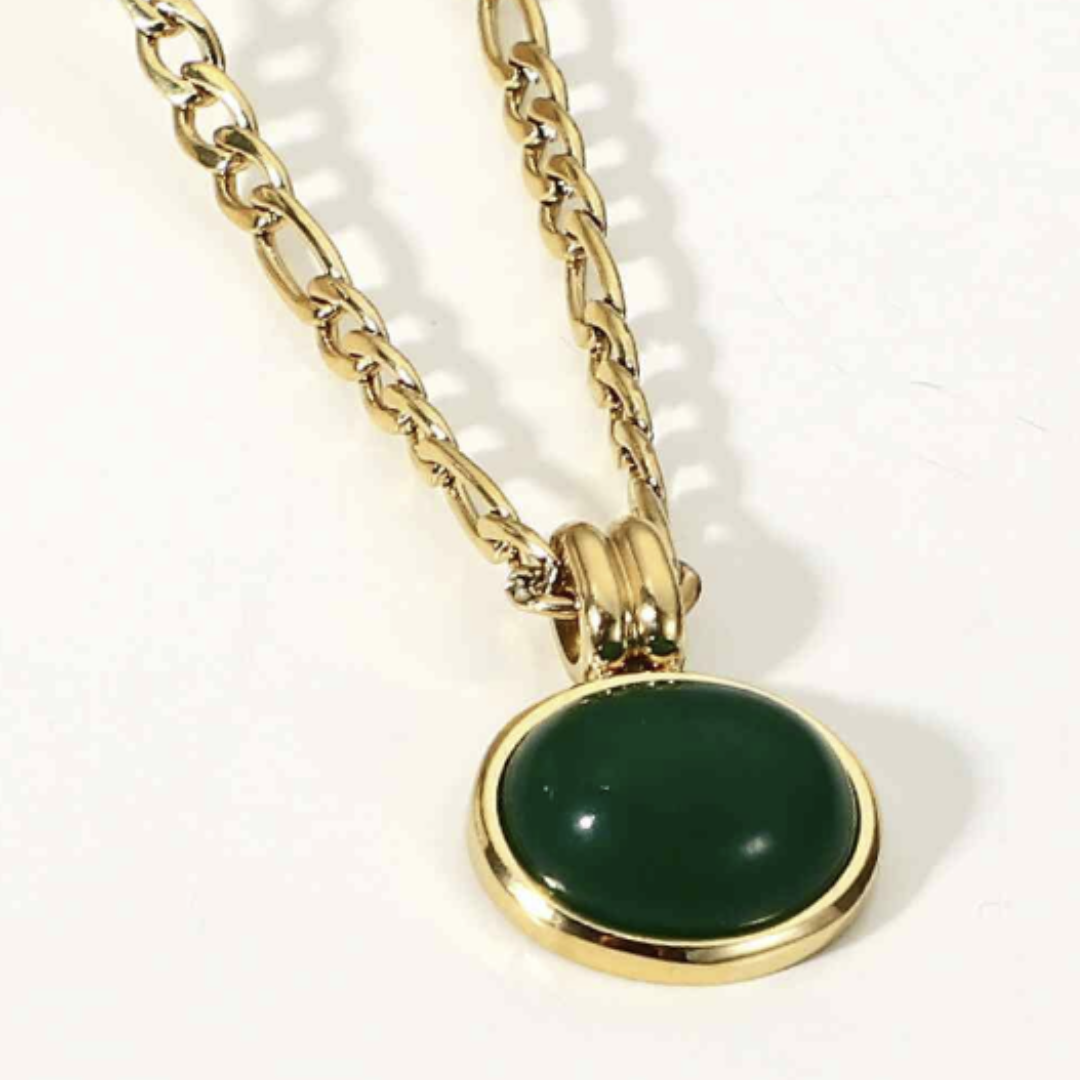 Inlaid Jade Round  Stone Pendant Necklace