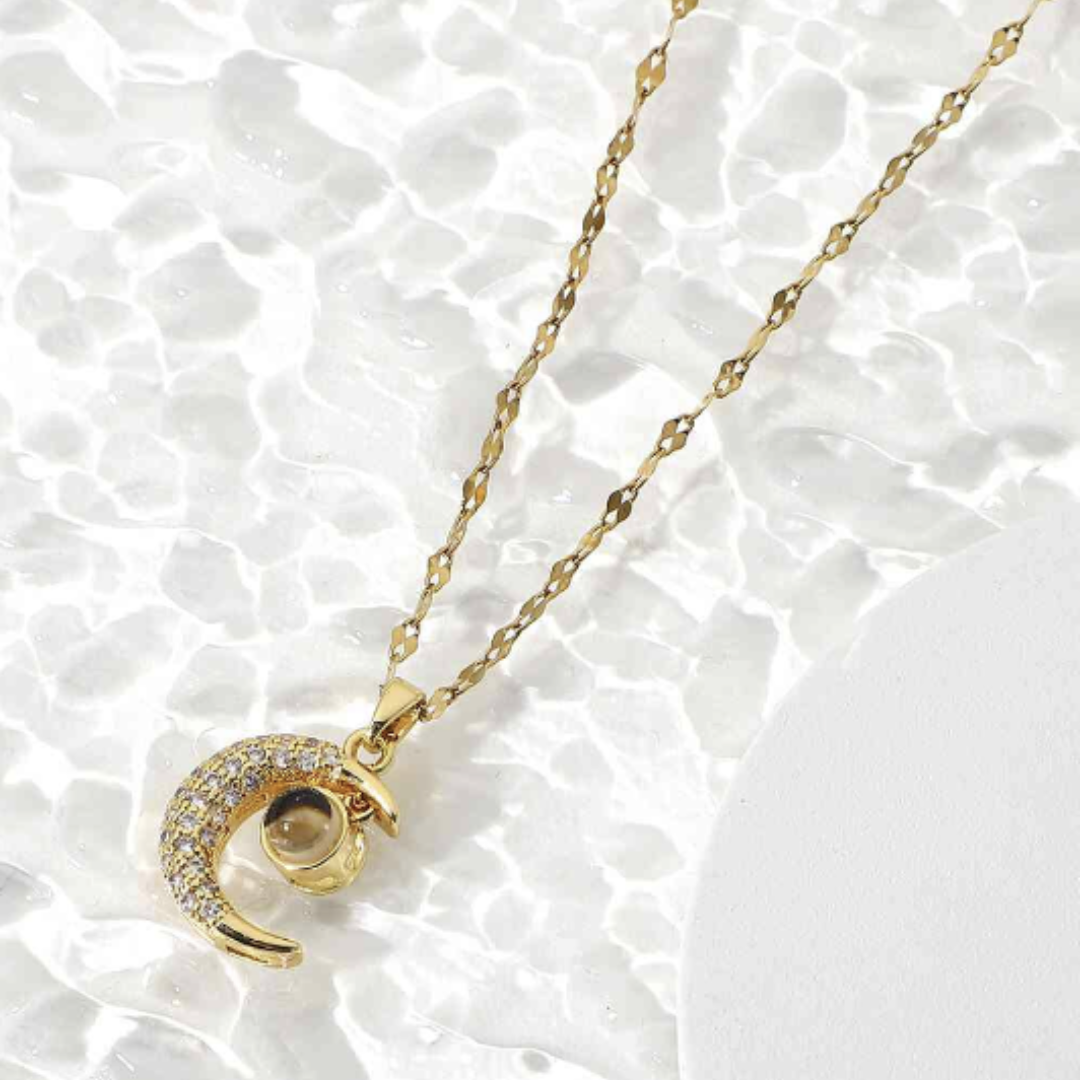 Inlaid Cubic Zirconia Dangling Moon Pendant Necklace