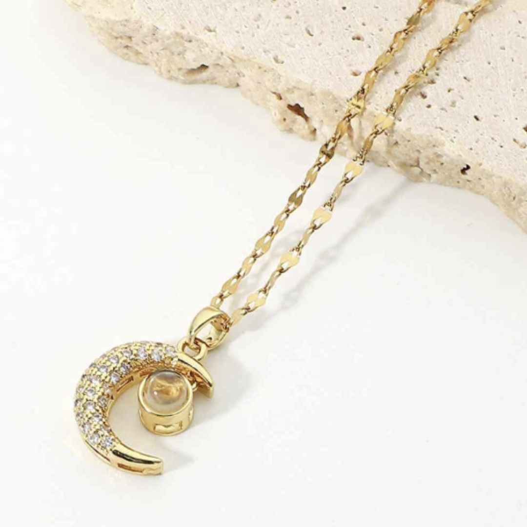 Inlaid Cubic Zirconia Dangling Moon Pendant Necklace
