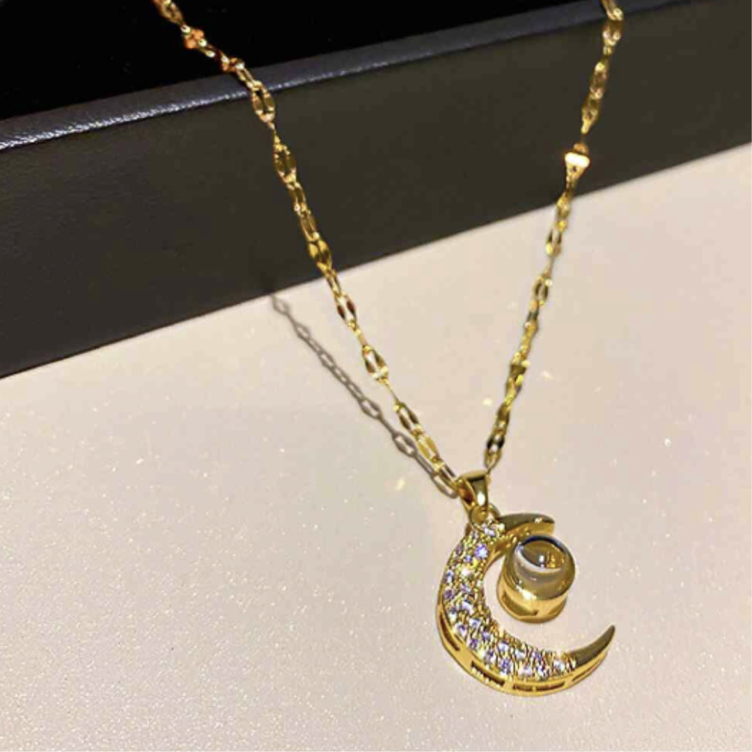 Inlaid Cubic Zirconia Dangling Moon Pendant Necklace