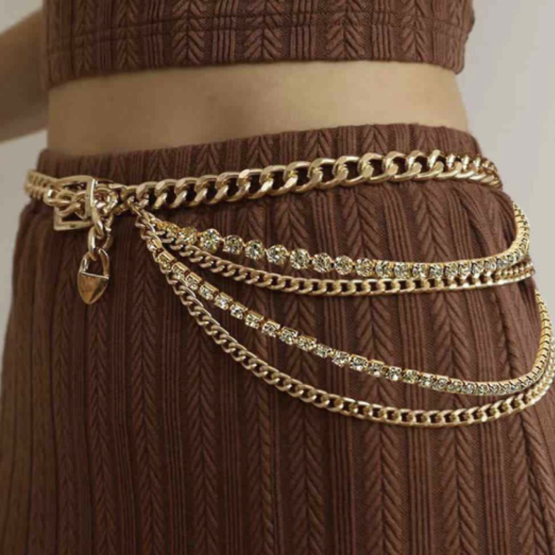 Rhinestone Gold Metal Multi-Chain Belt