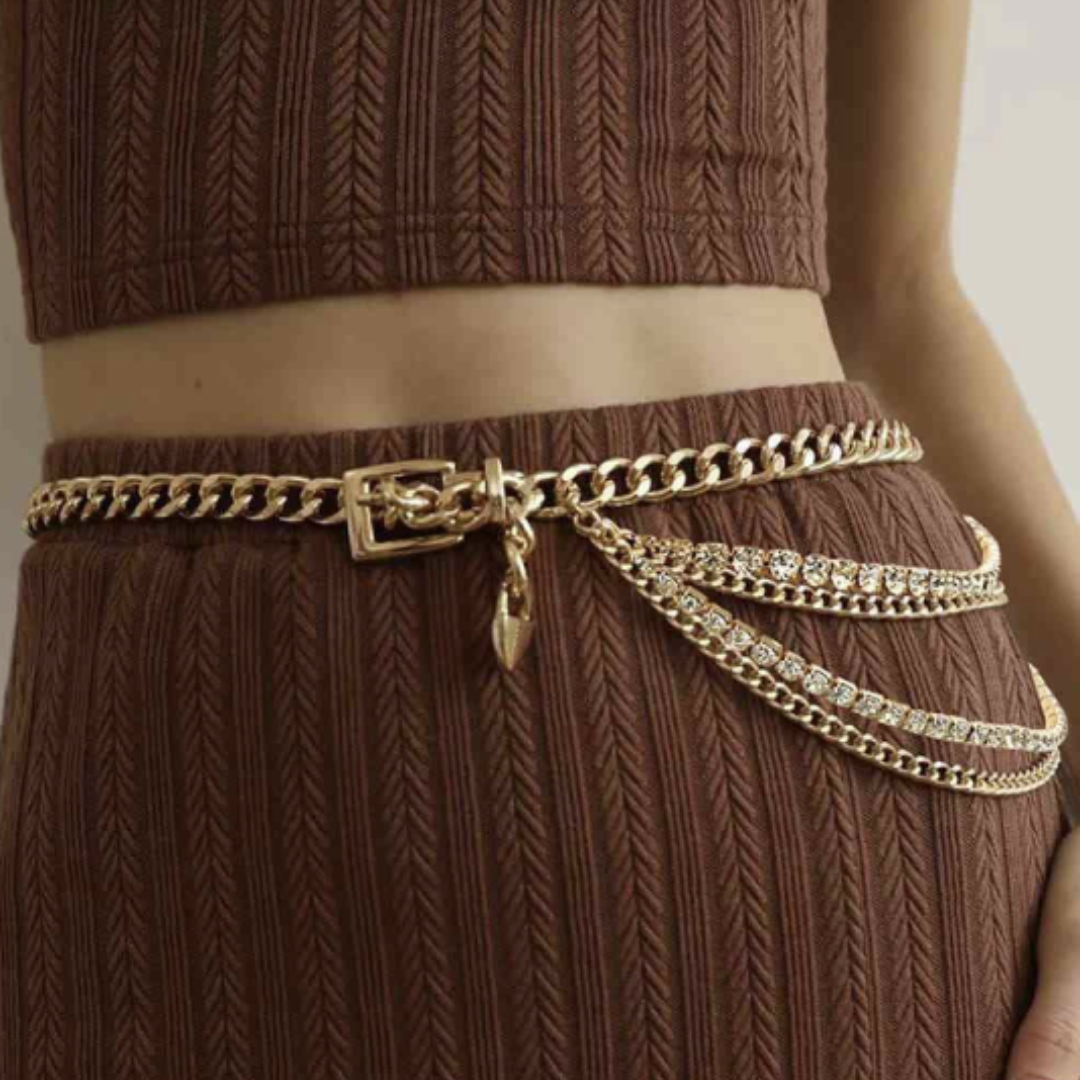 Rhinestone Gold Metal Multi-Chain Belt