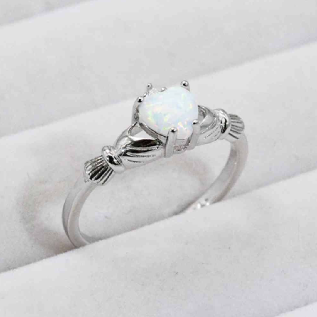 Sterling Silver Opal Heart Claddagh Ring