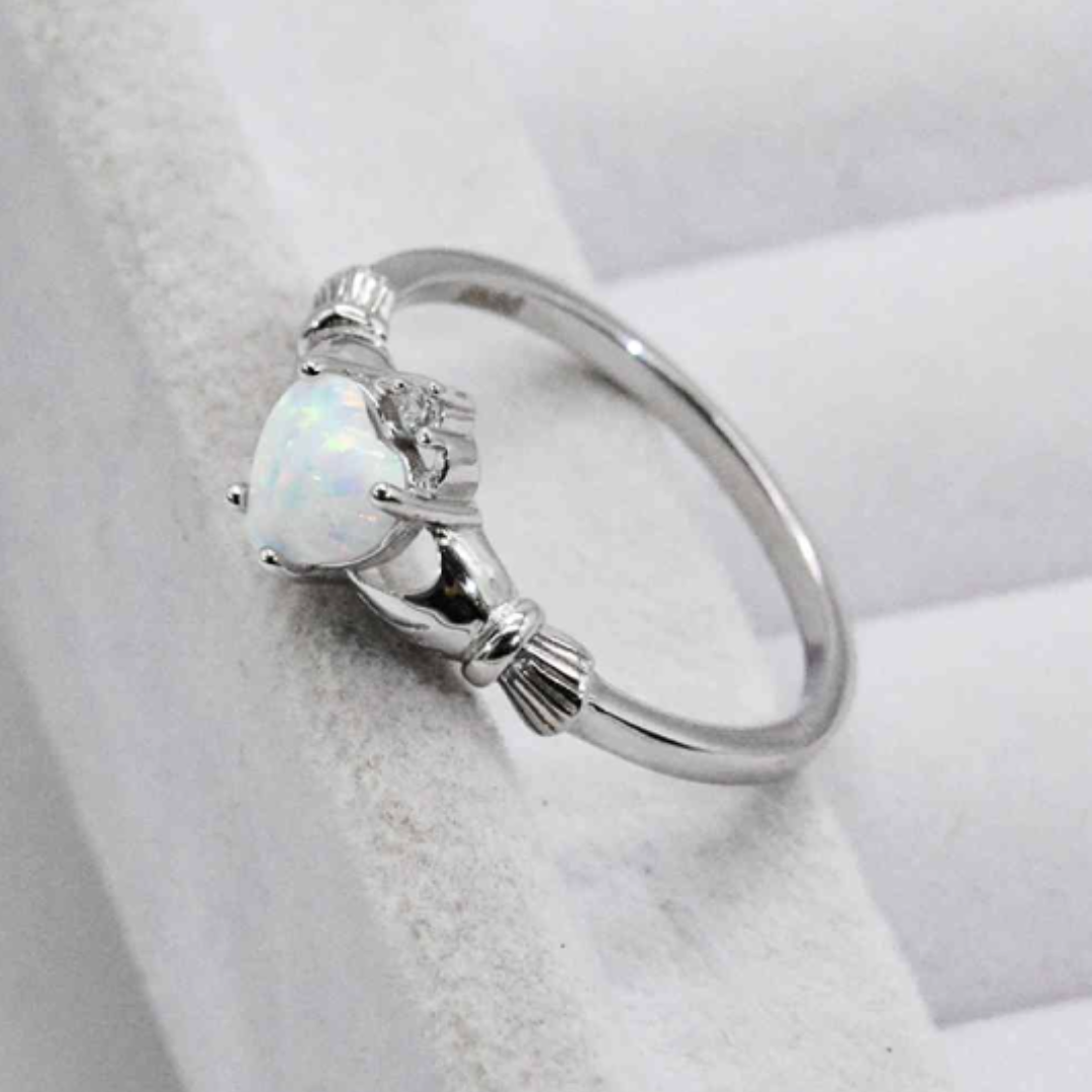Sterling Silver Opal Heart Claddagh Ring