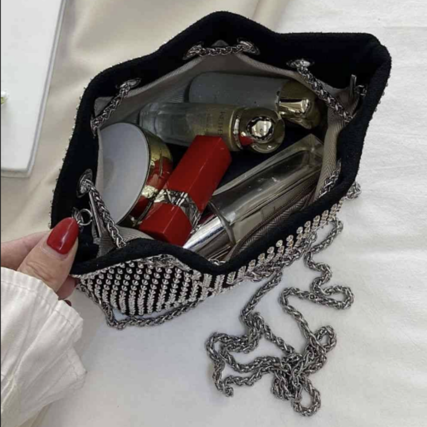 All Over Rhinestone Bucket Bag with Crossbody Chain Strap