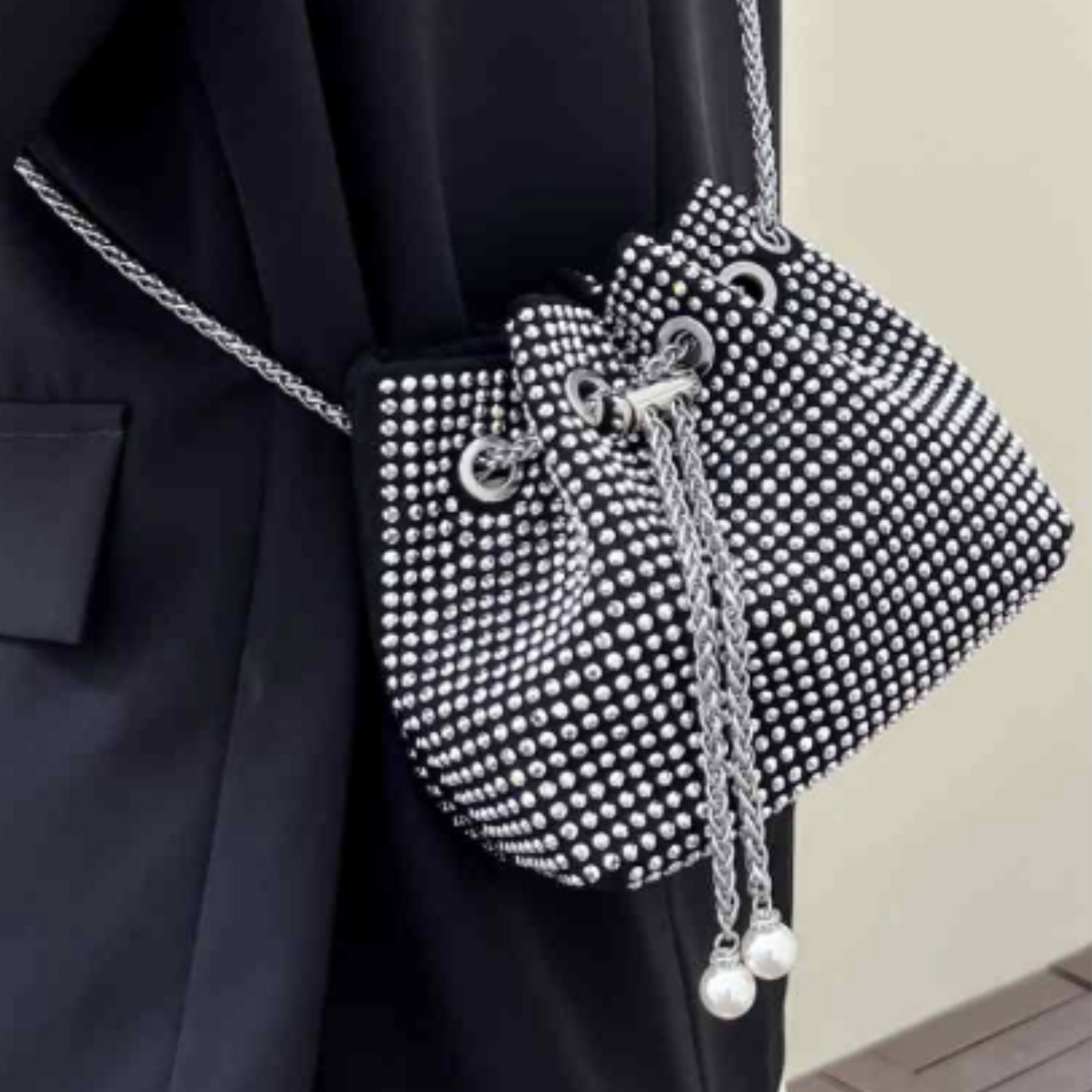 All Over Rhinestone Bucket Bag with Crossbody Chain Strap