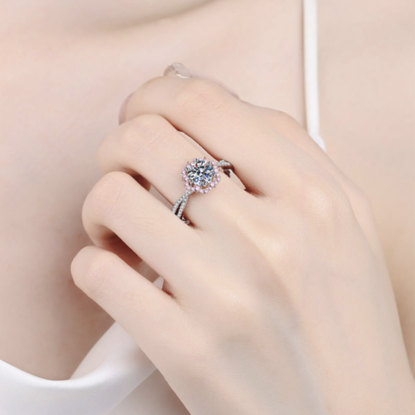 Spring Blossom Pink Accent 1 Ct Moissanite Two-tone Crisscross Ring