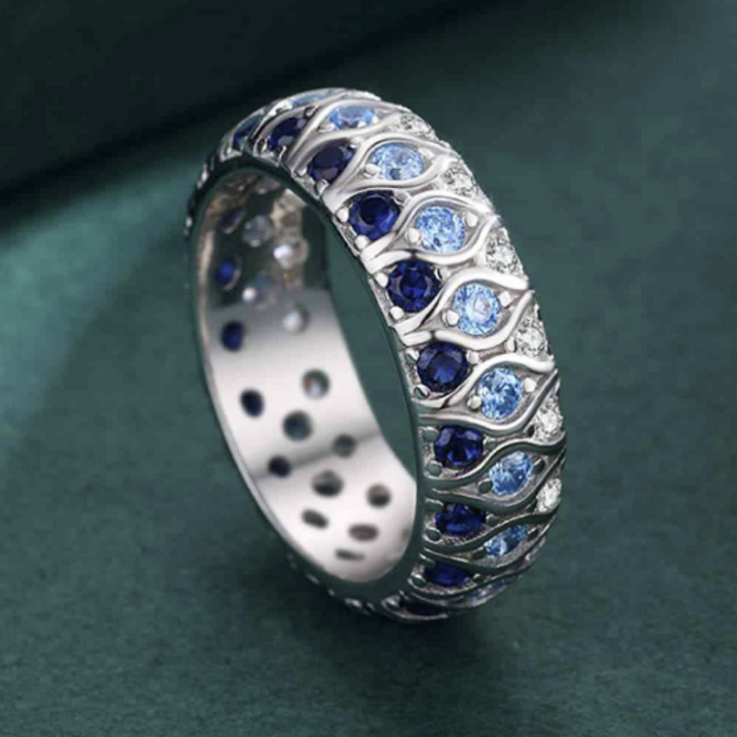 Sterling Silver Triple Row Blue Zircon Band