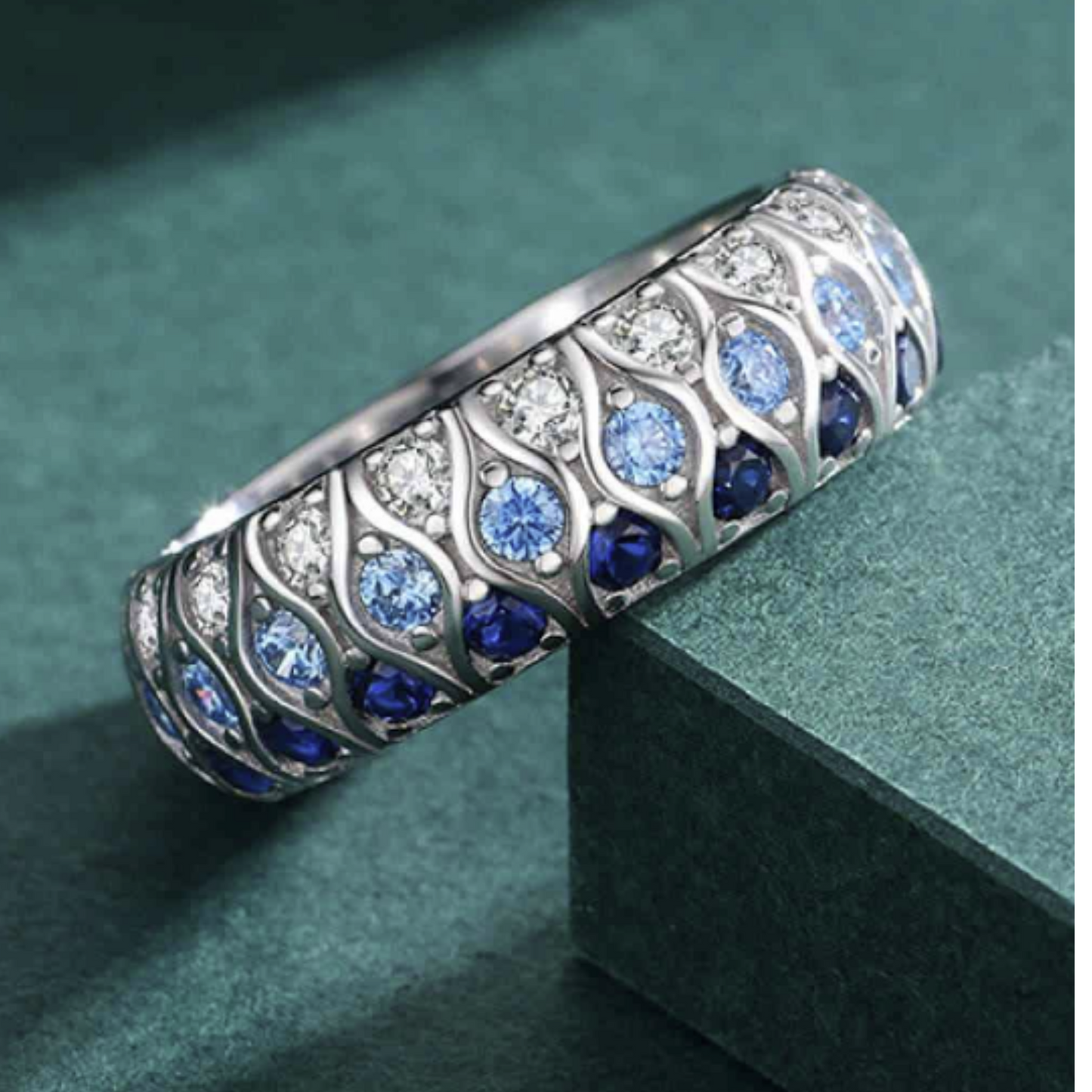 Sterling Silver Triple Row Blue Zircon Band