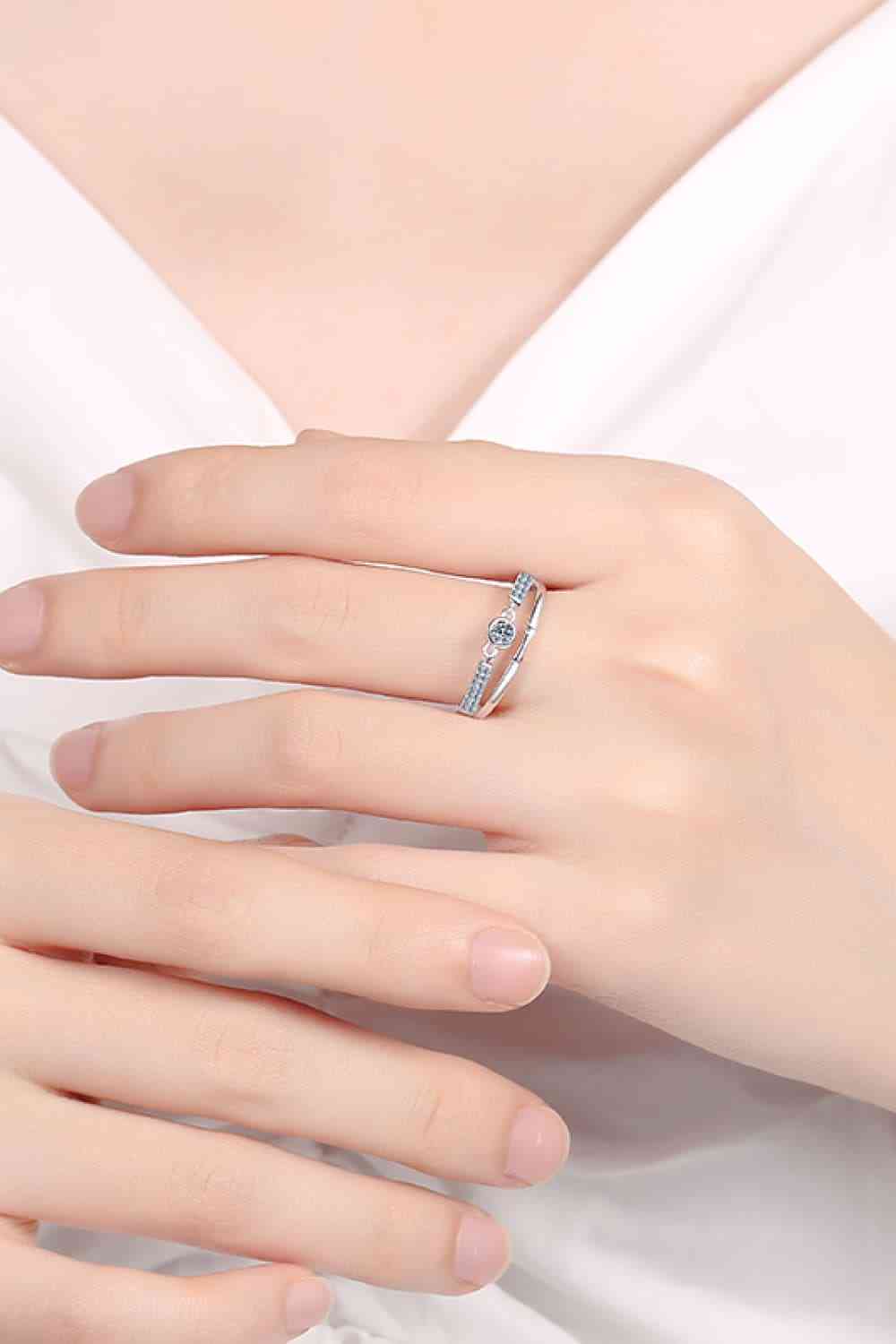 Round Moissanite Cutout Split Shank Sterling Silver Ring