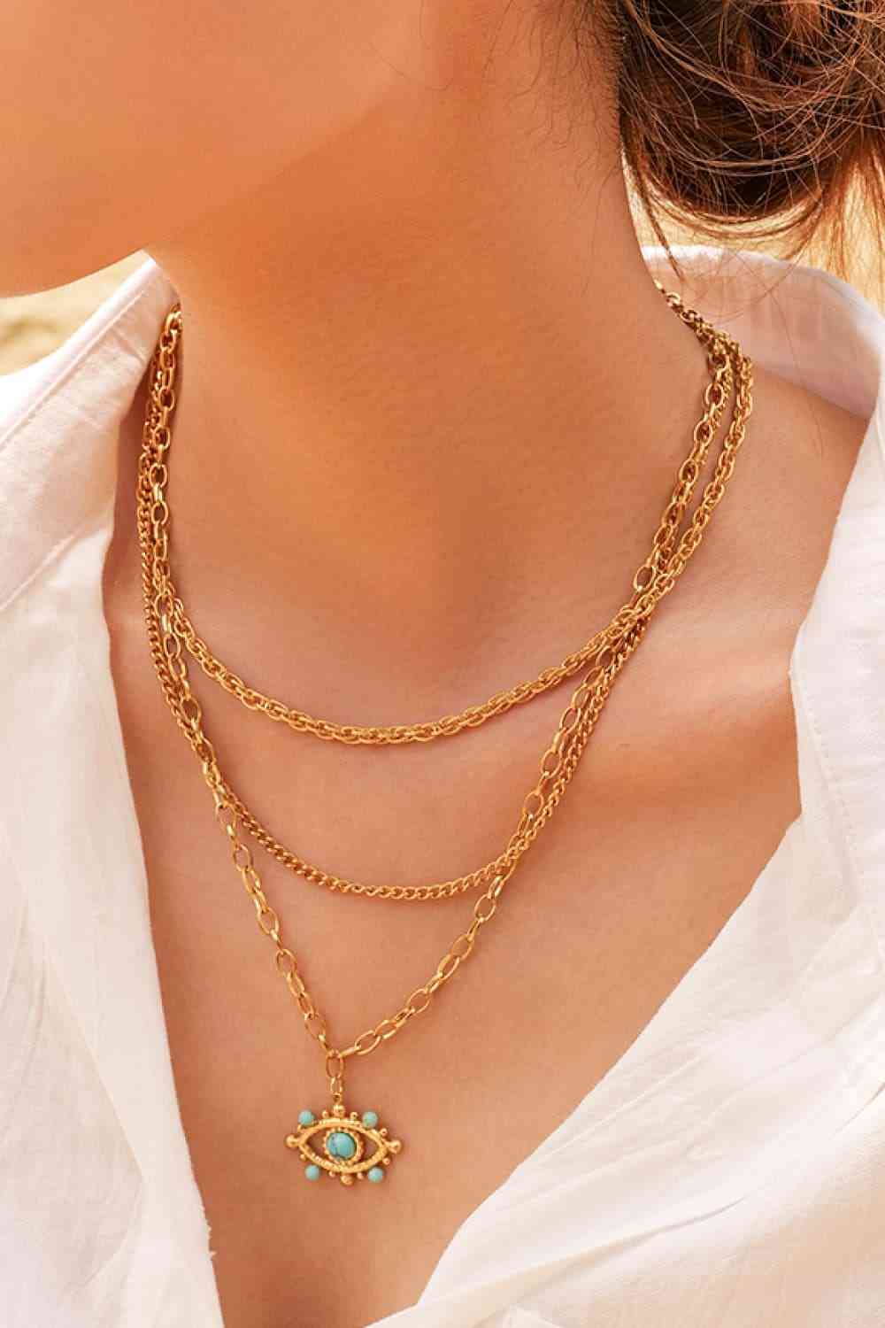 Turquoise Evil Eye Triple Multi-Strand Layered Pendant Necklace