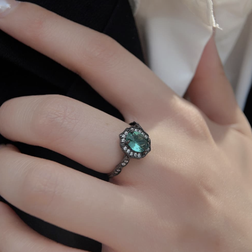 Unique Black Gold Sterling Silver Paraiba Blue Zircon Ring