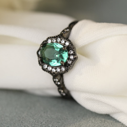 Unique Black Gold Sterling Silver Paraiba Blue Zircon Ring