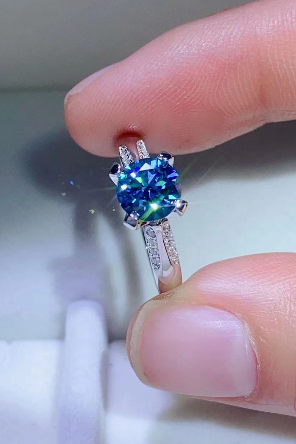 1 carat Round Blue Moissanite Ring-