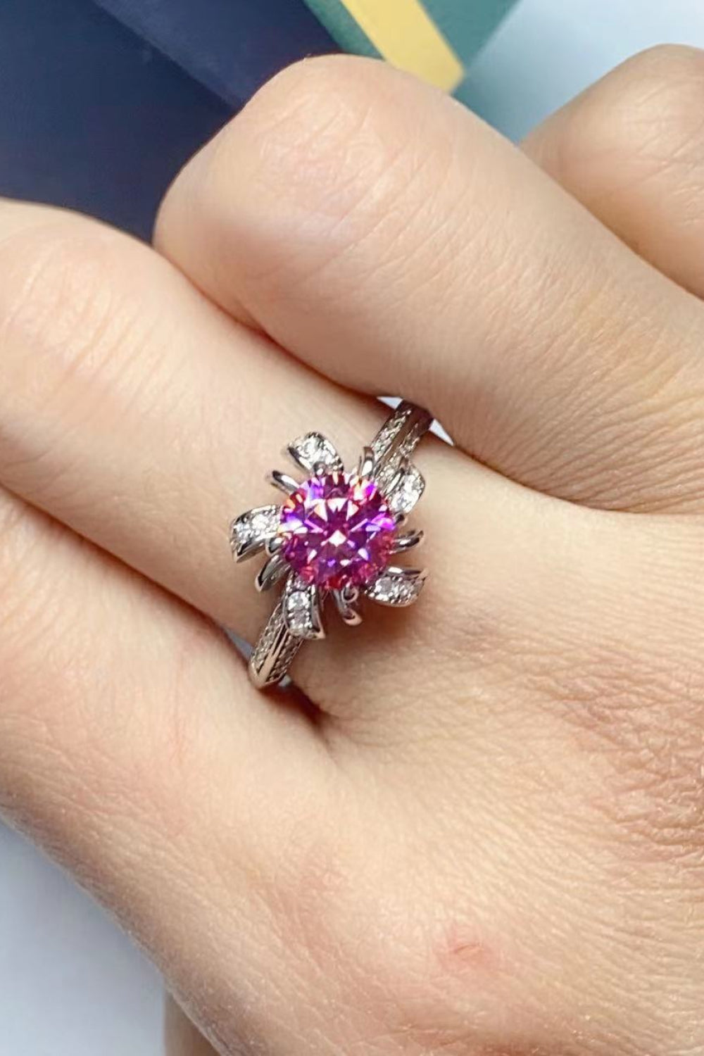 Brilliant Pink Flower Moissanite Ring with Zircon Accents