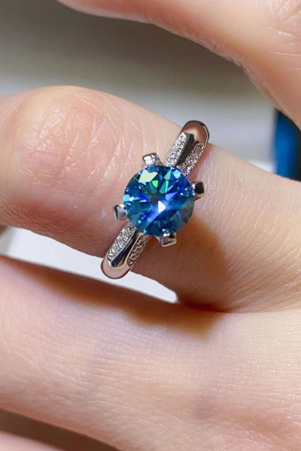 1 carat Round Blue Moissanite Ring-