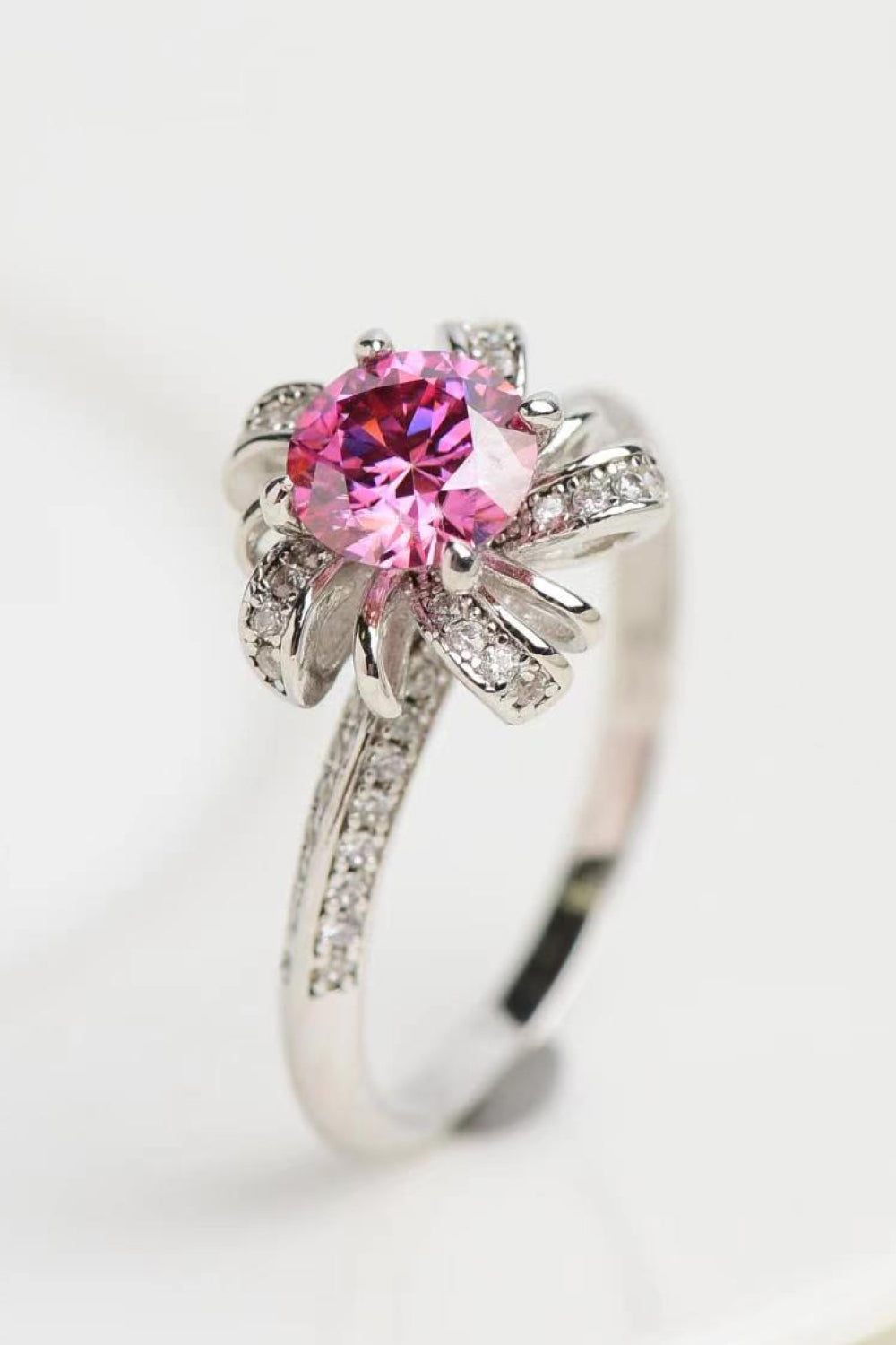 Brilliant Pink Flower Moissanite Ring with Zircon Accents