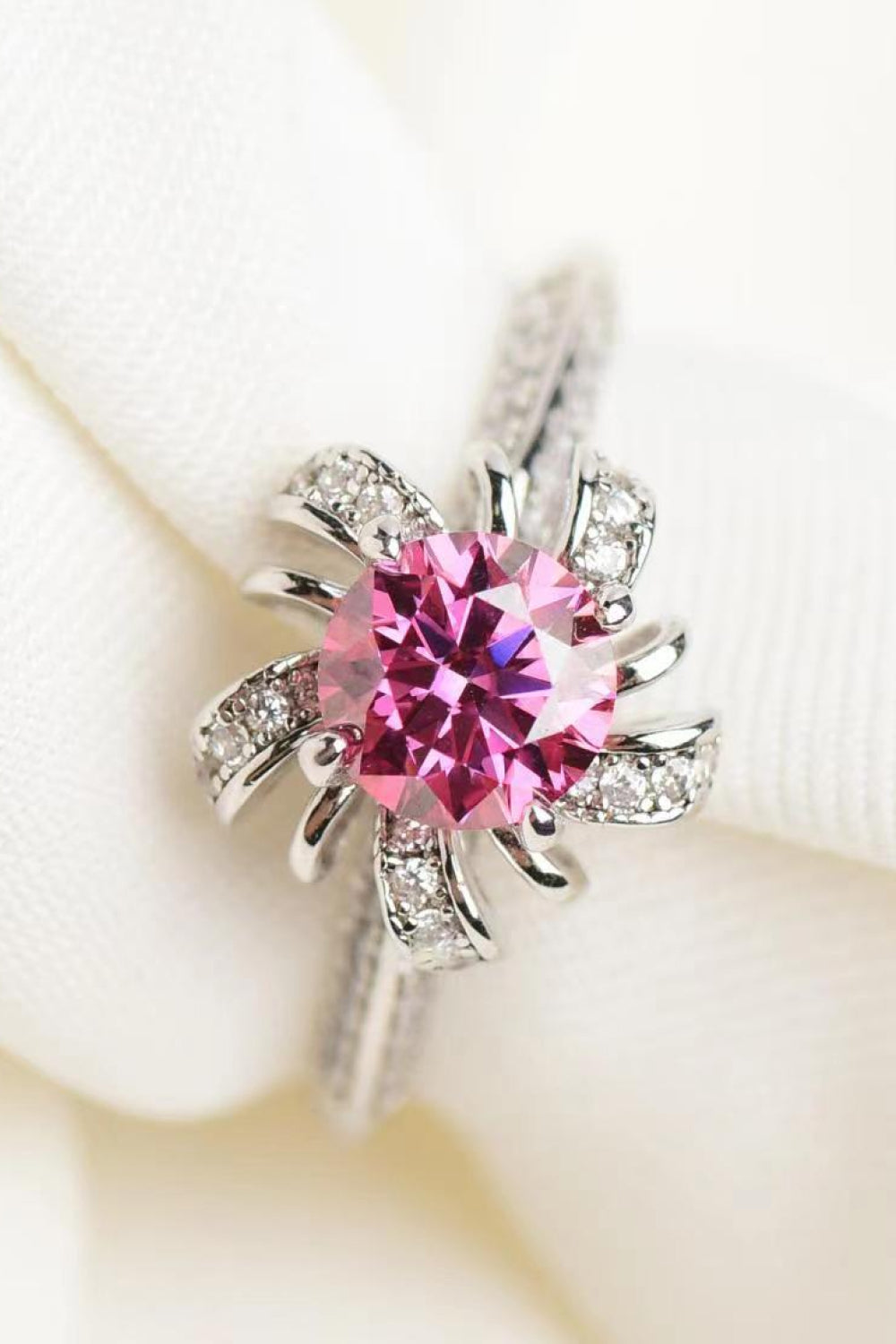 Brilliant Pink Flower Moissanite Ring with Zircon Accents