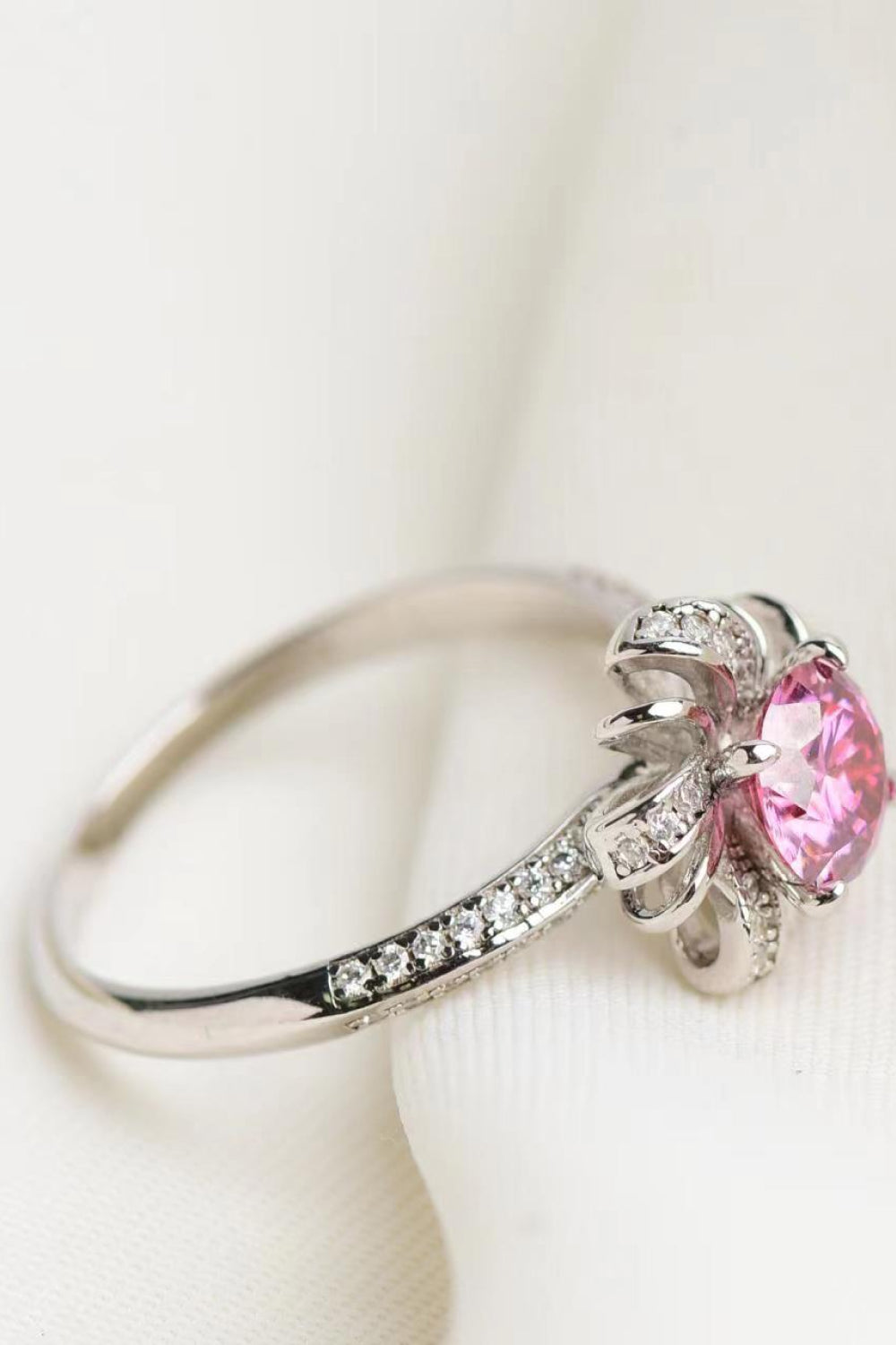 Brilliant Pink Flower Moissanite Ring with Zircon Accents