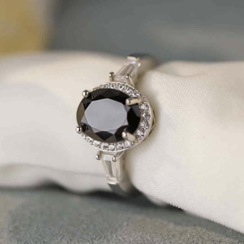 Oval Cut Black Agate Halo Ring set in Sterling Silver