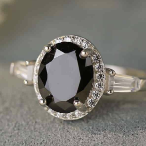 Oval Cut Black Agate Halo Ring set in Sterling Silver