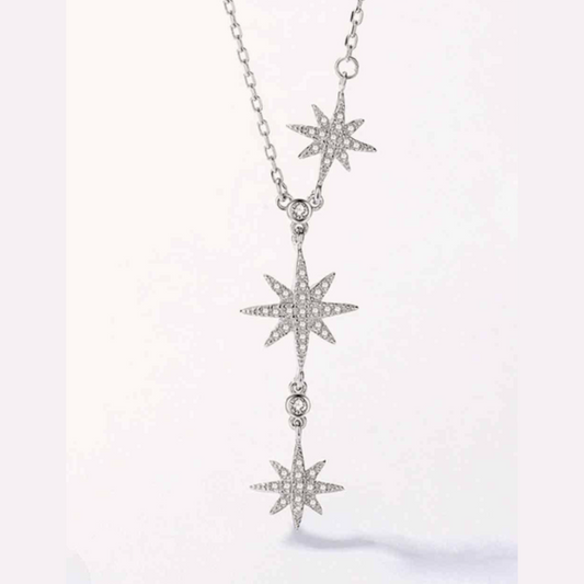 Celestial Stars Silver Drop Pendant Necklace with Zircon Accents