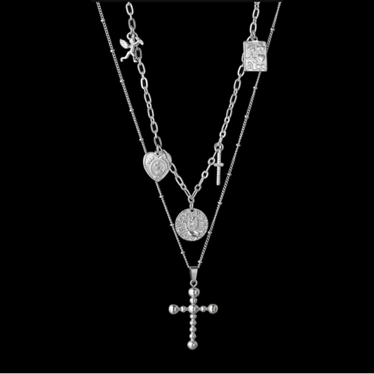 Double Layered Cross and Charm Necklace