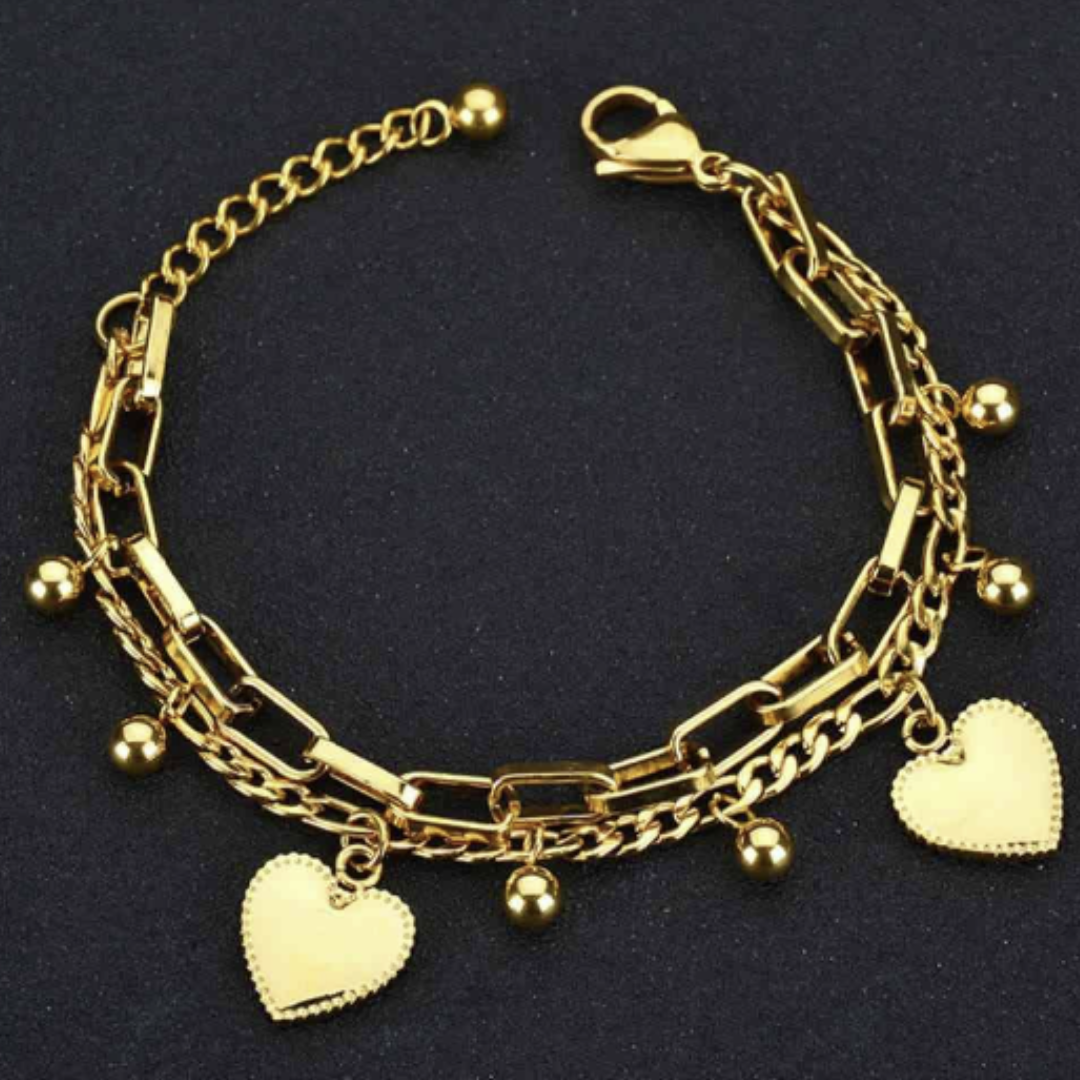 Double Heart Double Chain Heart Bracelet- Gold/Silver