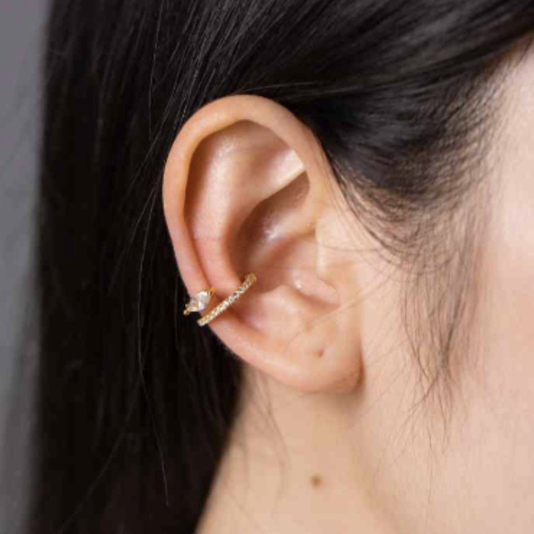 Inlaid Zircon Single Cuff Earring- Silver/Gold