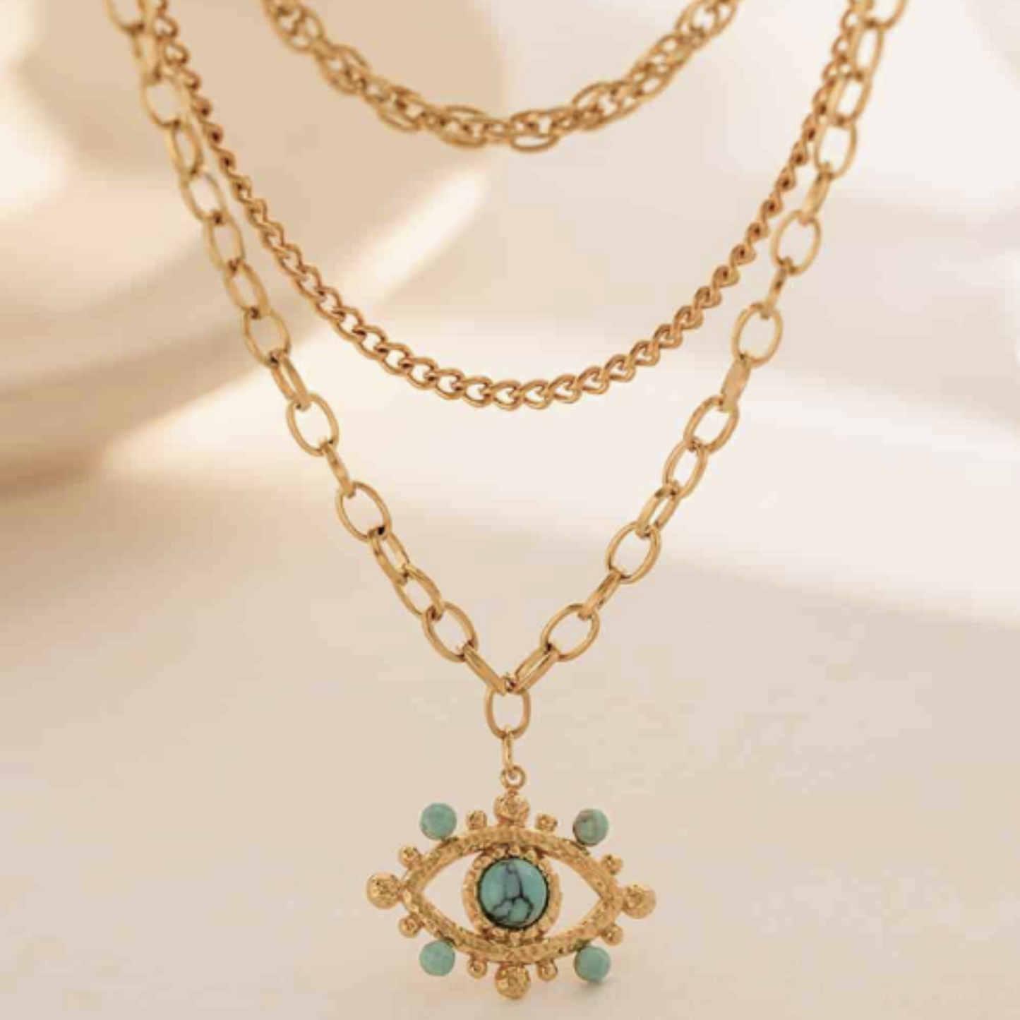 Turquoise Evil Eye Triple Multi-Strand Layered Pendant Necklace