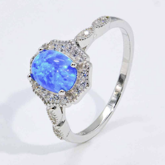 Blue Fire Opal Silver Halo Ring with Zircon Accents