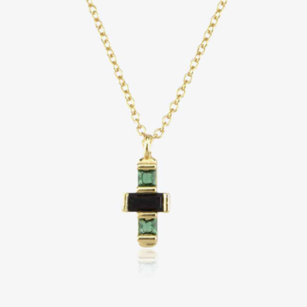 Zircon Crossed Stones Pendant Necklace- Green/Black or White/Brown