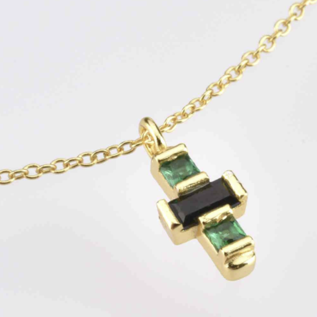 Zircon Crossed Stones Pendant Necklace- Green/Black or White/Brown