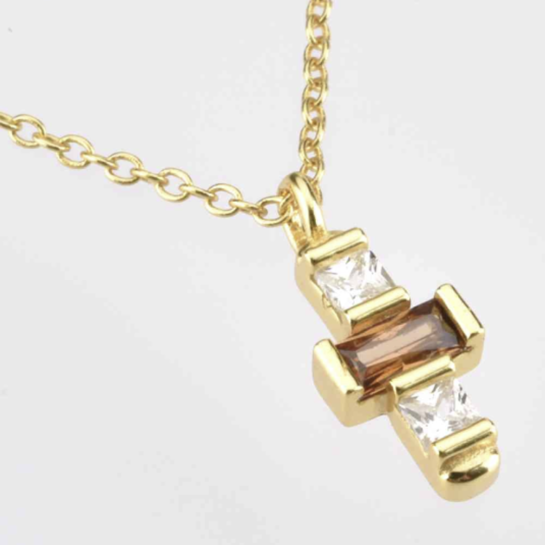 Zircon Crossed Stones Pendant Necklace- Green/Black or White/Brown